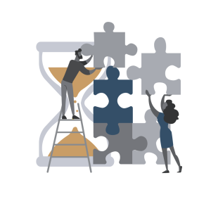 Illustration: Zwei Personen setzen Puzzleteile vor einer Sanduhr zusammen – Symbol dafür, dass unsere Kursdetailseiten laufend erweitert werden.