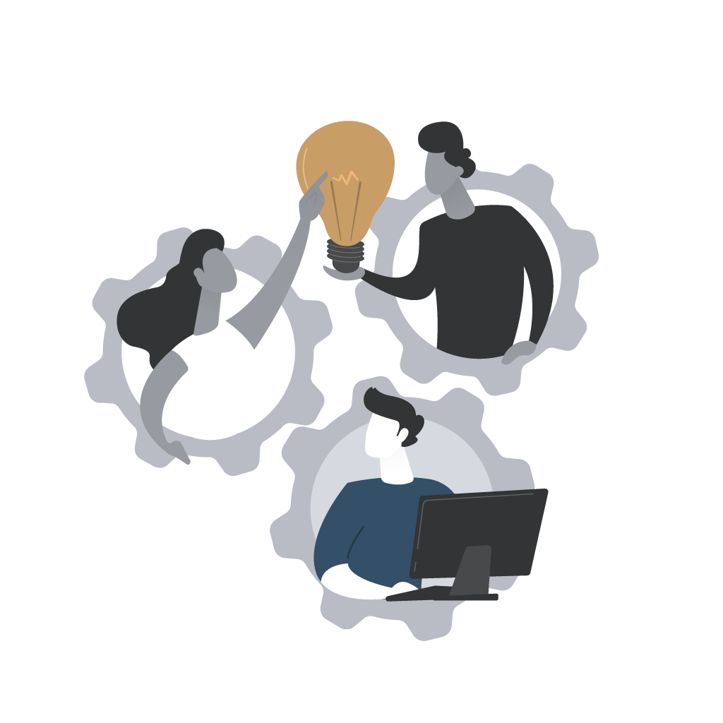Drei stilisierte Personen in Zahnrädern arbeiten gemeinsam, eine hält eine Glühbirne als Symbol für neue Ideen und Kommunikation im Team