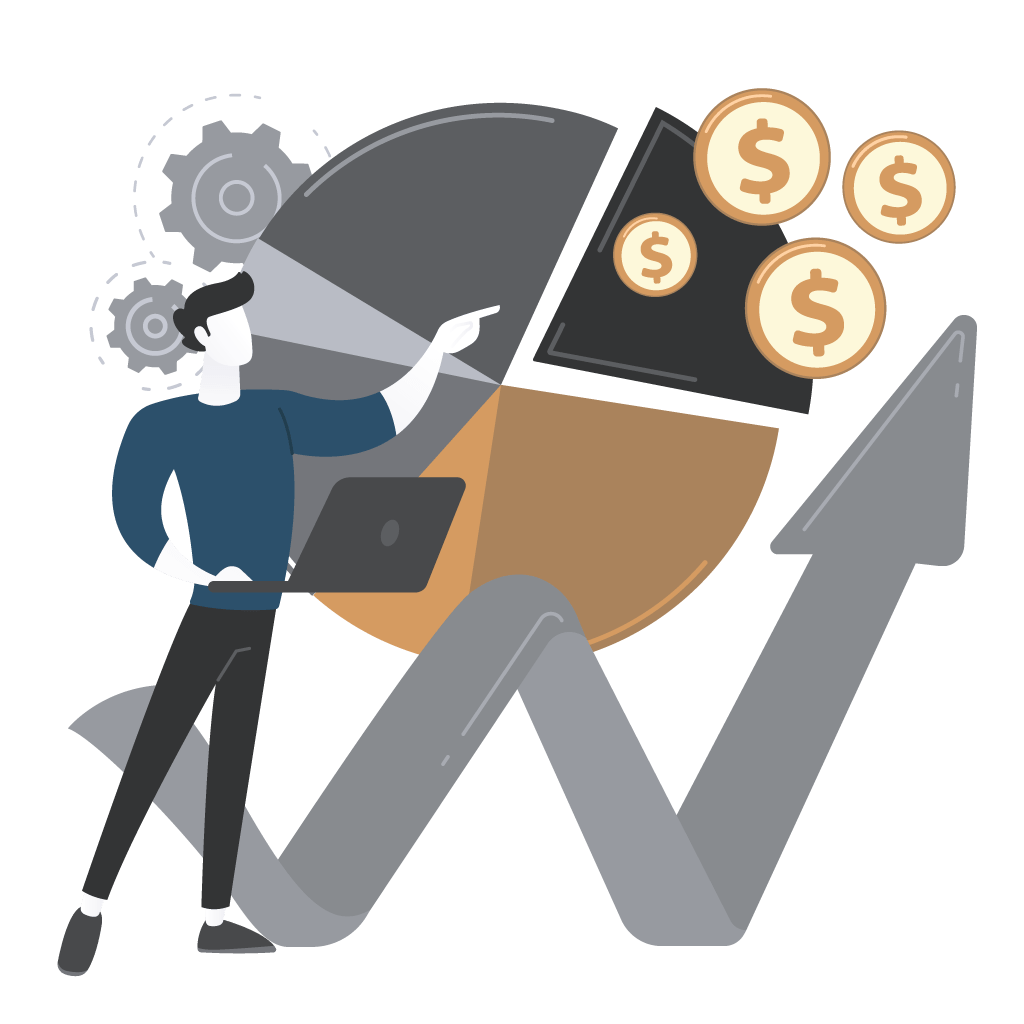 Person analysiert Finanzdiagramm mit steigender Kurve und Geldsymbolen – Symbol für Förderungen für Ausbildungsbetriebe