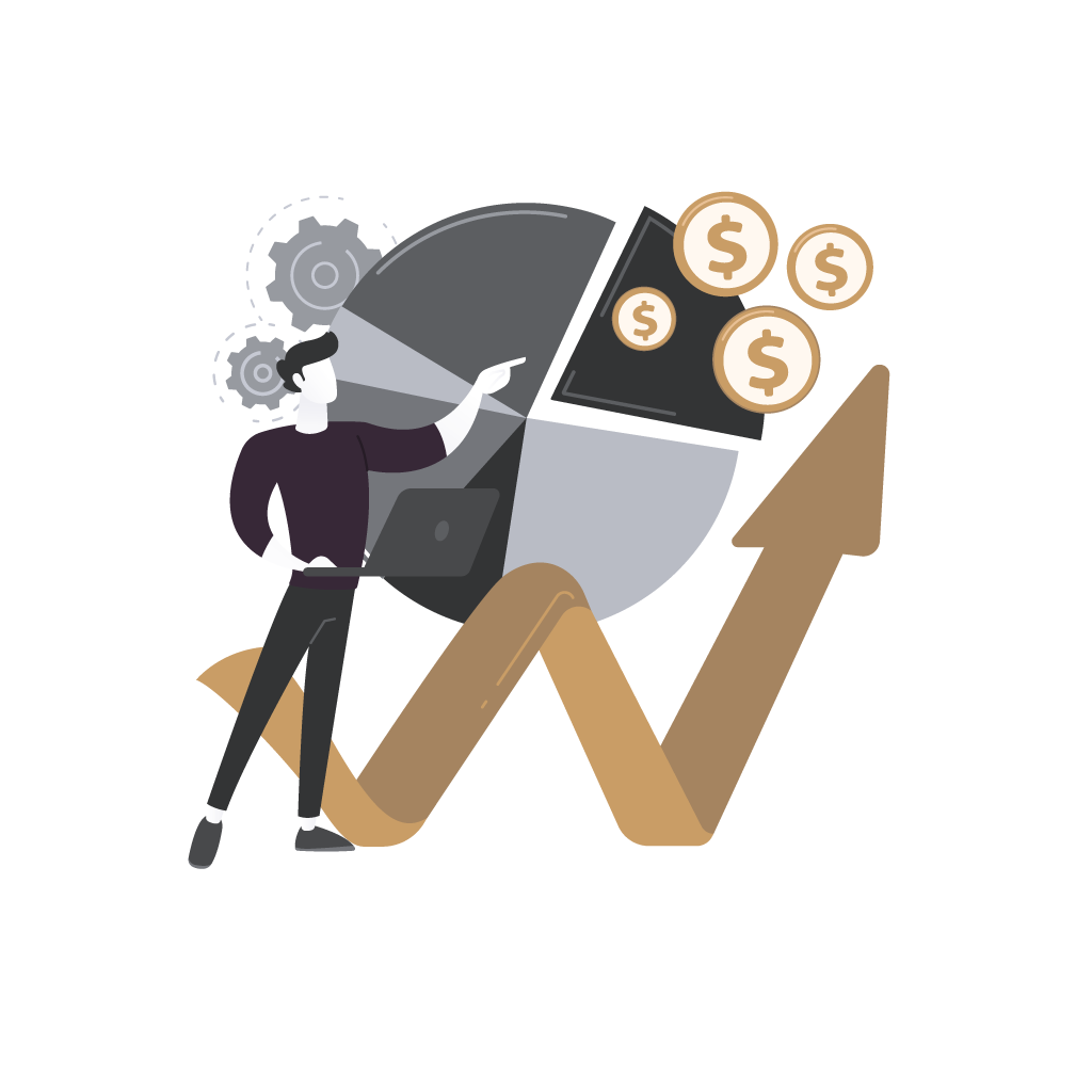 Förderungen für Ausbildungsbetriebe – Illustration mit Lehrling, Diagramm, Euro-Münzen und Wachstumspfeil