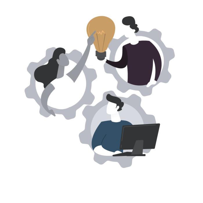 uture Skills Training für Lehrlinge – drei Personen in Zahnrädern mit Glühbirne und Computer als Symbol für Zusammenarbeit und digitale Zukunftskompetenzen