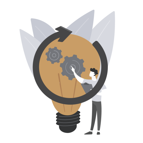 Mann optimiert Zahnräder in einer Glühbirne als Symbol für Ideenentwicklung und Innovationsprozesse.