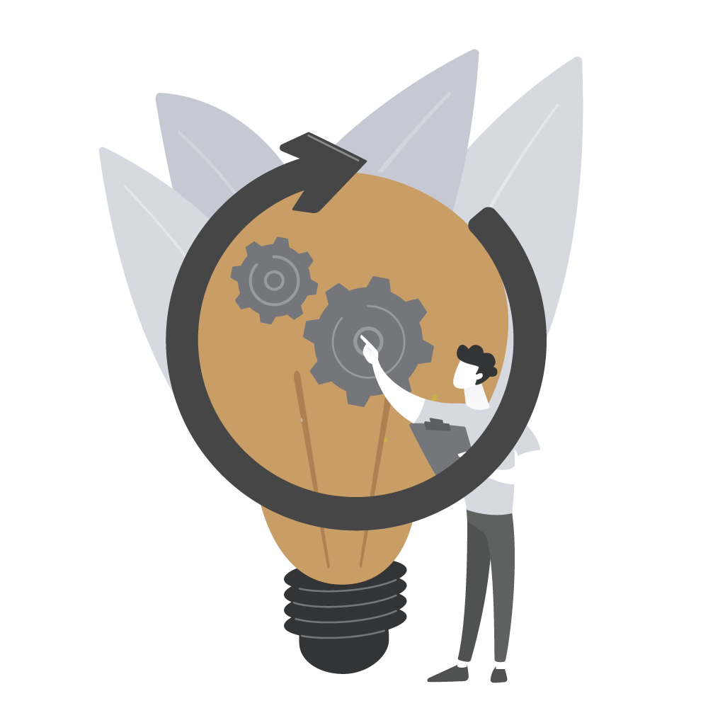 nachhaltigkeit-unternehmen-workshops-bildungsmanufaktur Mann optimiert Zahnräder in einer Glühbirne als Symbol für Ideenentwicklung und Innovationsprozesse.