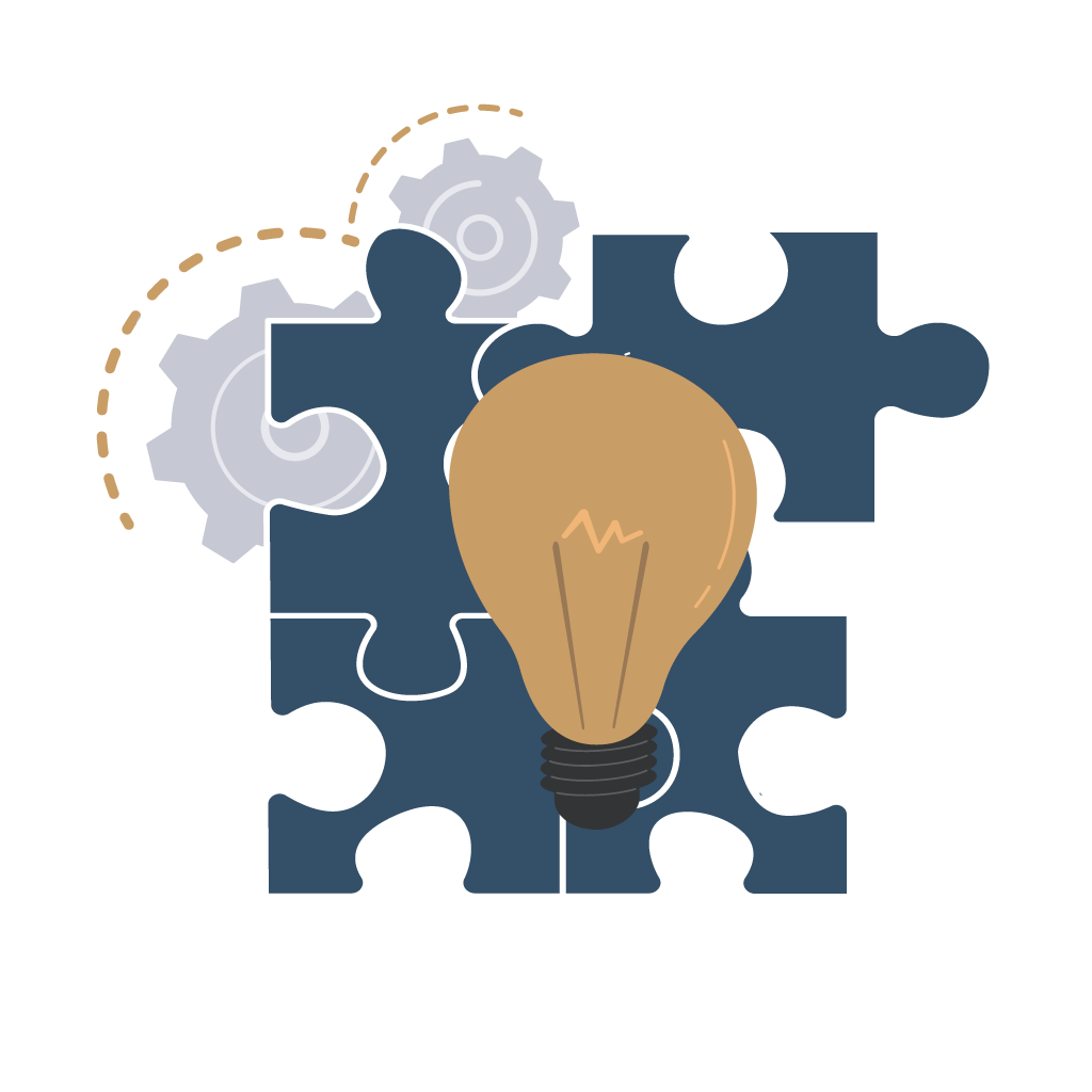 Soft skills training für Lehrlinge – Icon mit Glühbirne, Zahnrädern und Puzzleteilen