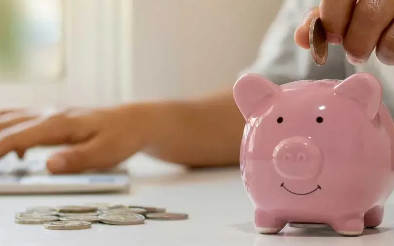 erson wirft Münze in rosafarbenes Sparschwein, im Hintergrund wird am Laptop gearbeitet – Symbol für Förderung & digitale Antragstellung.